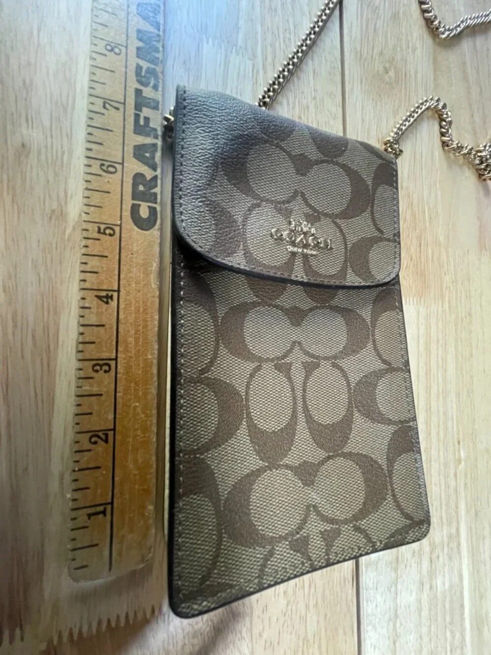 Coach Signature Phone Crossbody Wallet Chain Strap Brown Khaki PVC - Picture 8 of 14